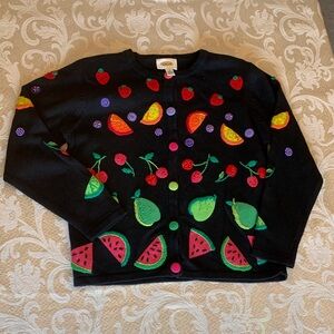 Rare Vintage Talbots Black Cardigan with Red and Pink Accents